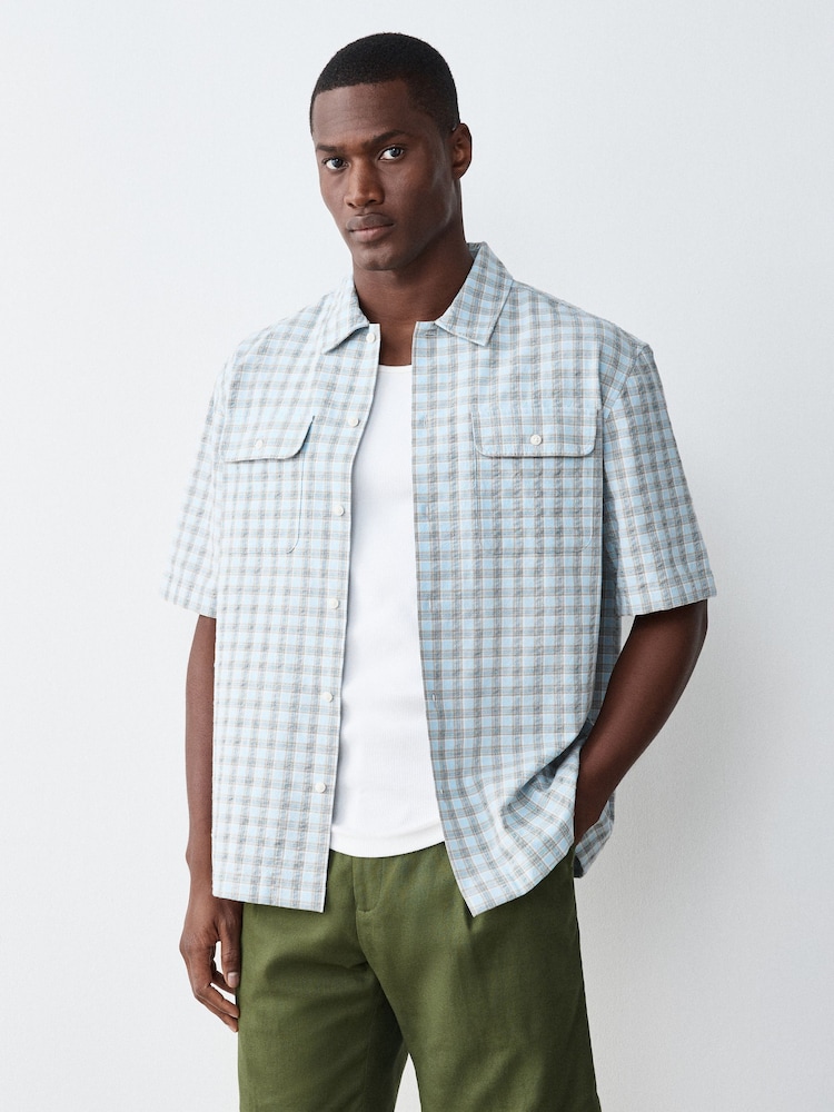 Blue Textured Check Short Sleeve Boxy Shirt - Image 8 of 8