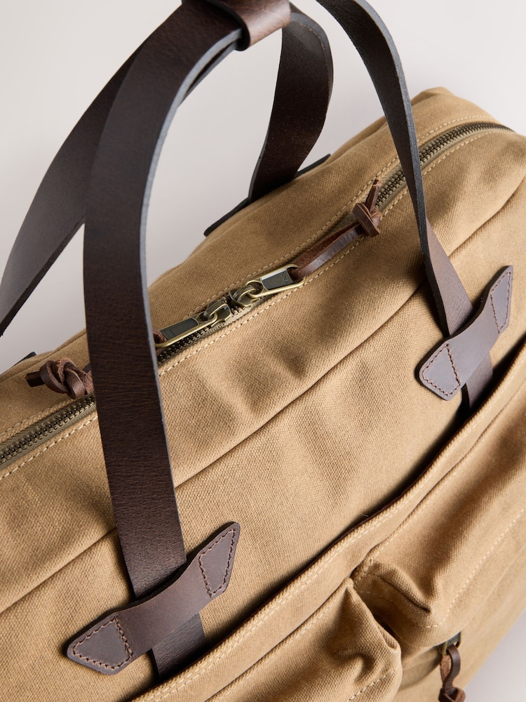 Sand Brown Waxed Canvas Multi Pocket Briefcase - Image 5 of 5