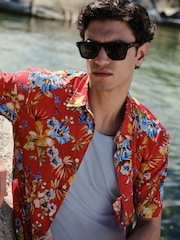 Red Floral Print Short Sleeve Shirt - Image 1 of 8