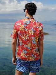 Red Floral Print Short Sleeve Shirt - Image 4 of 8