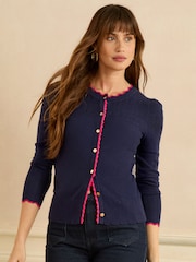 Love & Roses Navy and Pink Scallop Knitted Cardigan - Image 1 of 4