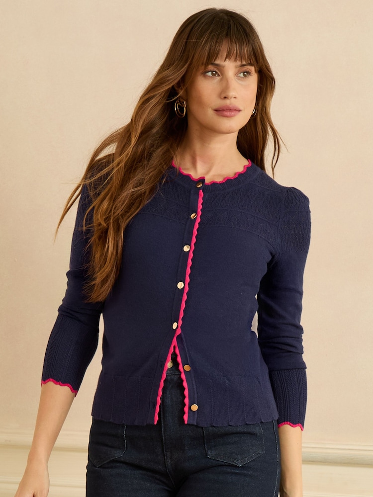 Love & Roses Navy and Pink Scallop Knitted Cardigan - Image 1 of 4 Love & Roses Navy and Pink Scallop Knitted Cardigan - Image 1 of 4