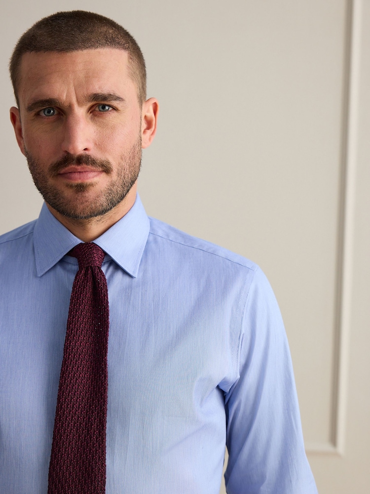 Blue Slim Fit Signature Textured Smart Shirt and Burgundy Knitted Tie Set - Image 5 of 5 Blue Slim Fit Signature Textured Smart Shirt and Burgundy Knitted Tie Set - Image 5 of 5