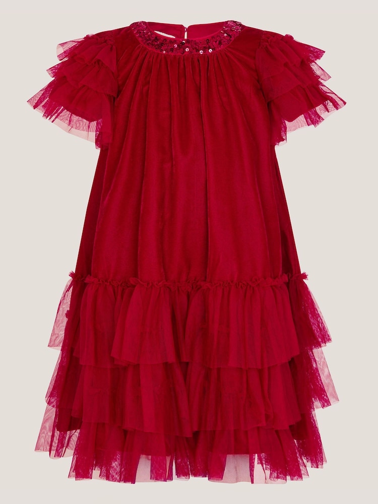 Monsoon Red Alexandra Velvet Ruffle Party Dress - Image 1 of 2