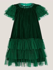 Monsoon Green Alexandra Velvet Ruffle Party Dress - Image 1 of 3