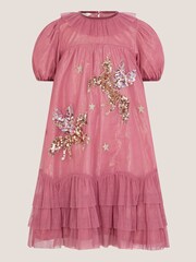 Monsoon Pink Christmas Unicorn Trapeze Dress - Image 1 of 3