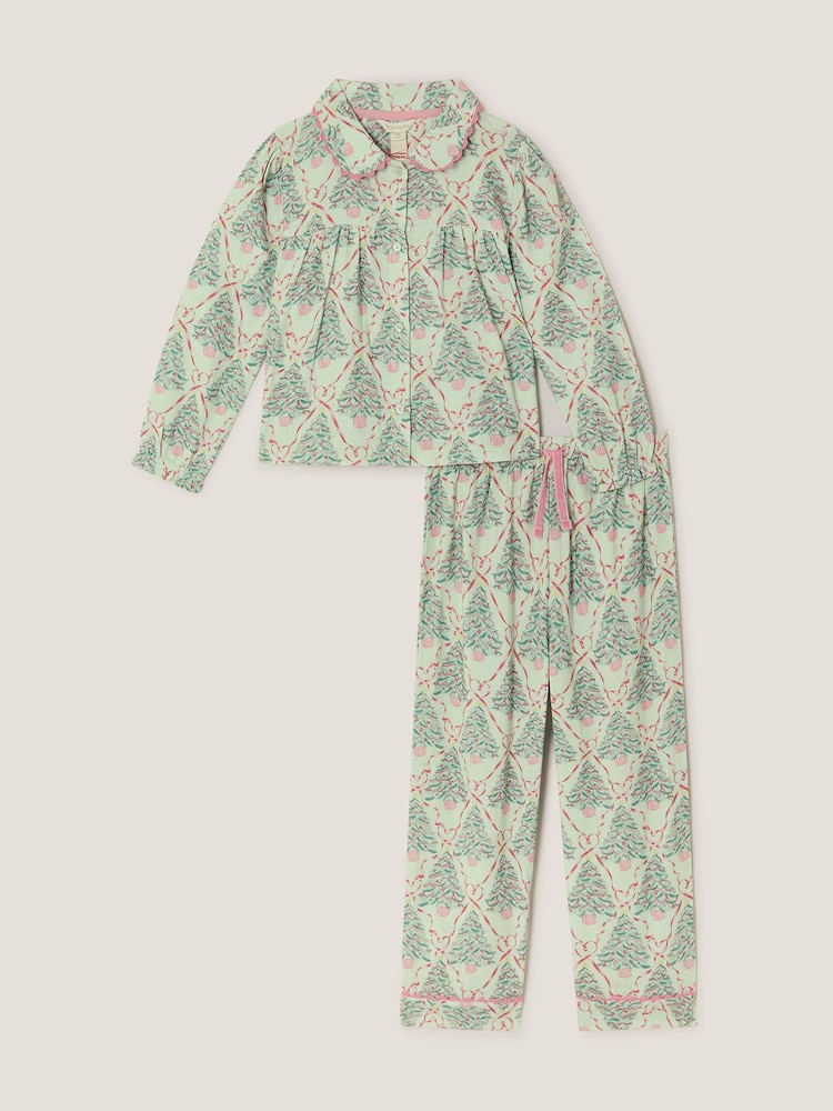 Monsoon Green Christmas Tree Print Long Pyjamas Set - Image 2 of 5