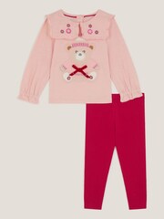 Monsoon Pink Baby Bear Collared Top & Leggings Set - Image 1 of 3