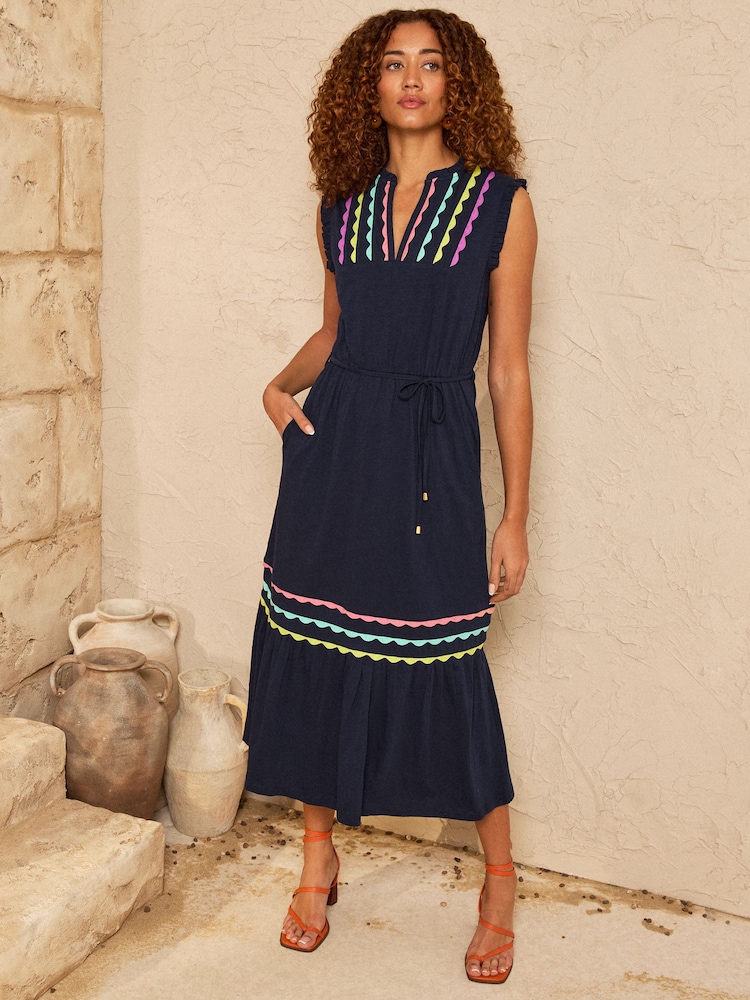 Love & Roses Navy Ric Rac Flutter Sleeve Petite Jersey Midi Dress - Image 1 of 4 Love & Roses Navy Ric Rac Flutter Sleeve Petite Jersey Midi Dress - Image 1 of 4