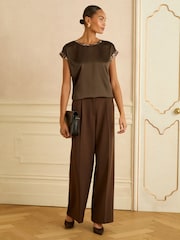 Love & Roses Chocolate Brown Animal Tipped Print Satin Front Jersey Back Crew Neck Top - Image 3 of 4