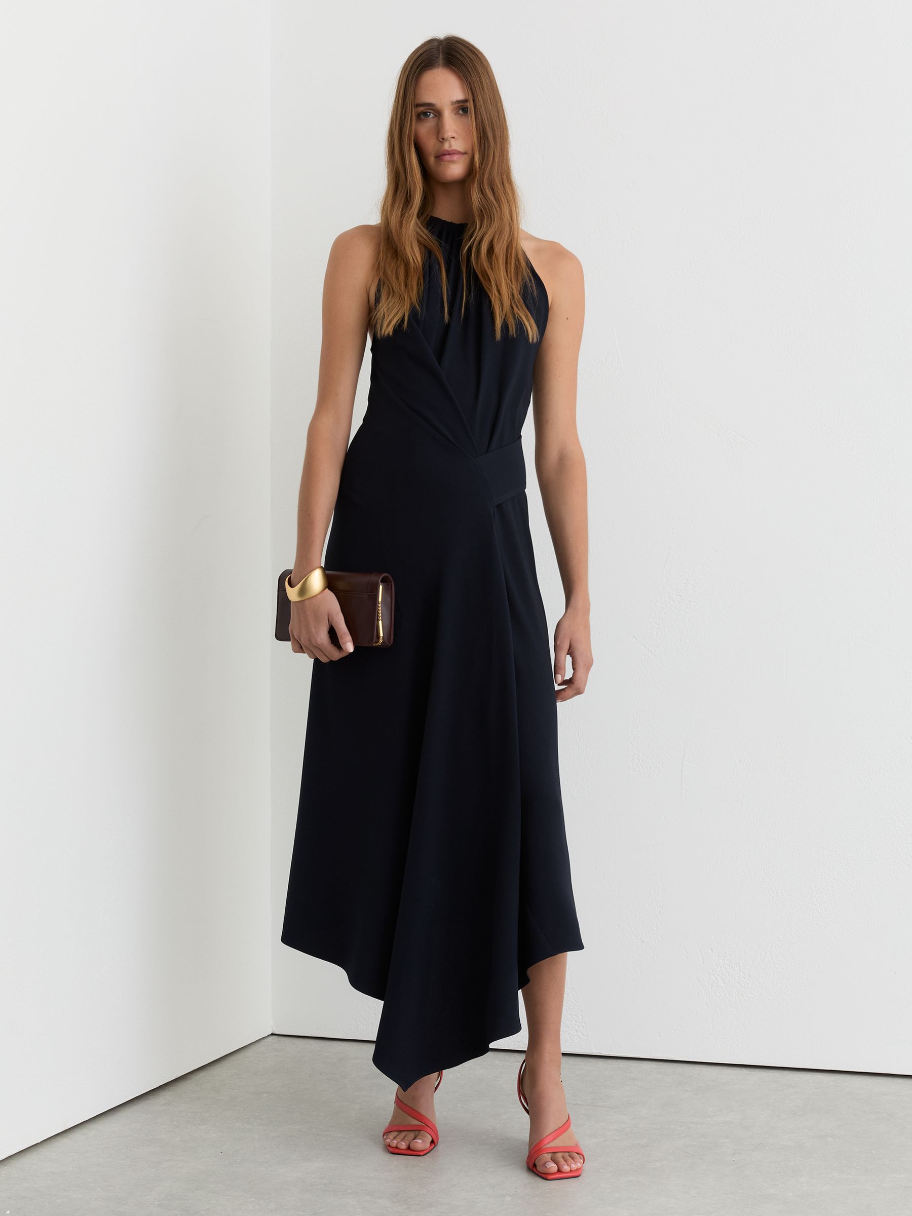 Reiss - Navy Drape-detail Sleeveless Midi Dress, 14