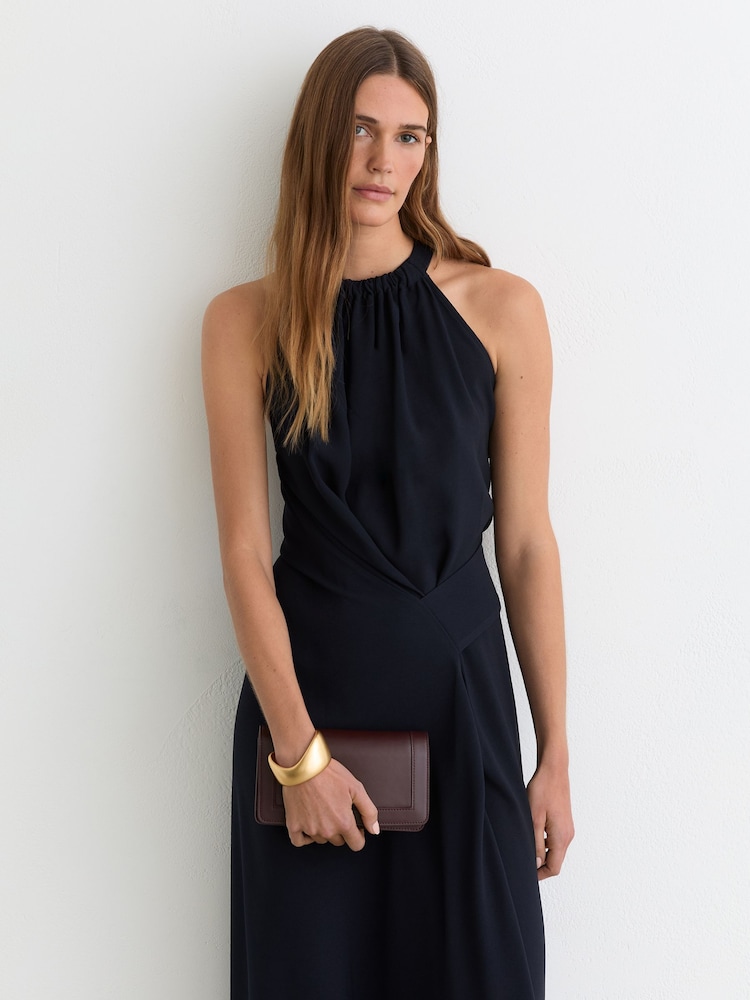 Reiss - Navy Drape-detail Sleeveless Midi Dress, 14