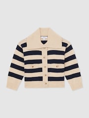 Reiss Navy Thalia 13-14 yrs Cotton-Blend Stripe Cardigan with Wool - Image 1 of 3
