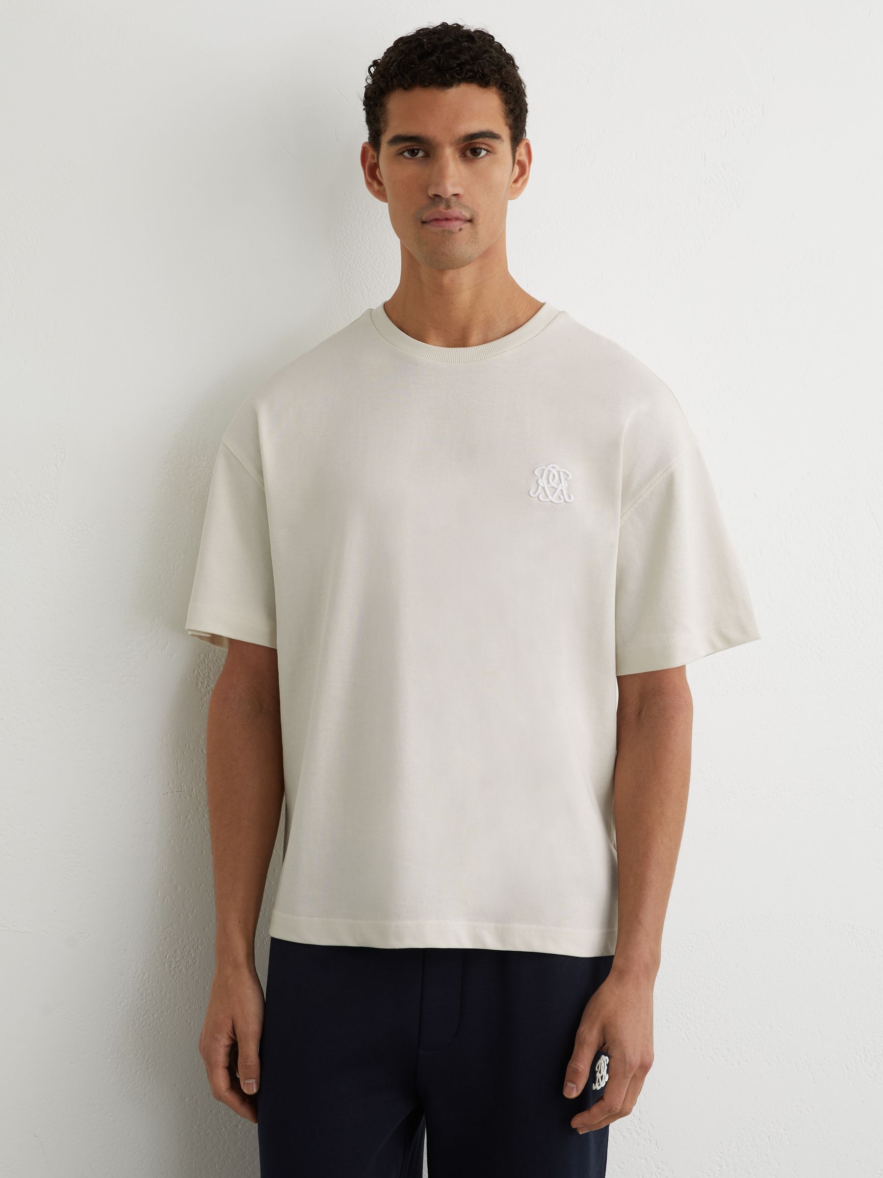 Buy Reiss White Rainer Monogram Embroidered Relaxed-Fit T-Shirt
