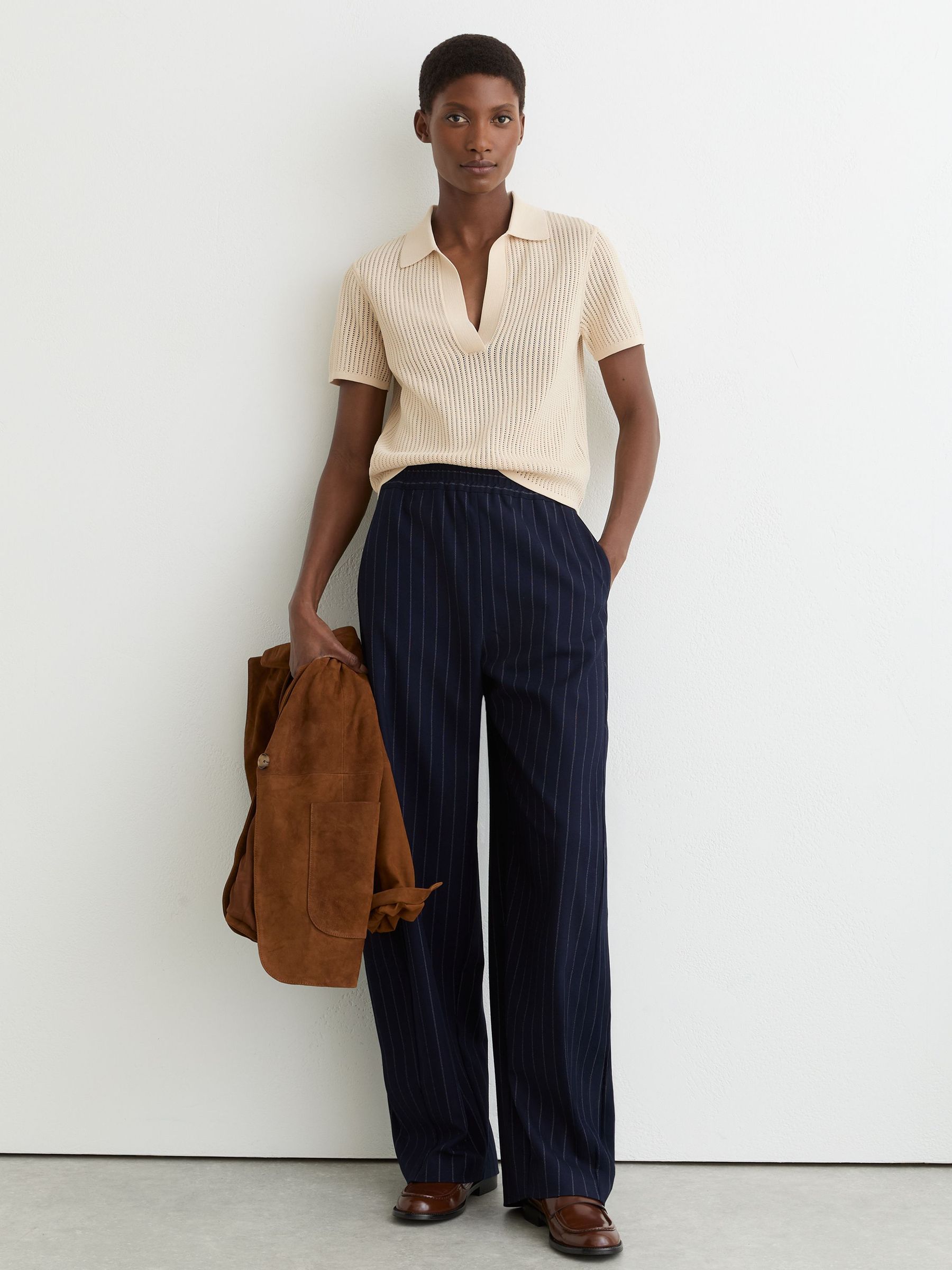 Reiss Ivory Open-stitch Knitted Polo Top In White