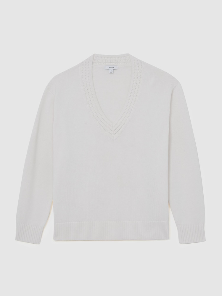 Reiss Ivory Cherish Cotton and Wool V-Neck Jumper - Image 2 of 6 Reiss Ivory Cherish Cotton and Wool V-Neck Jumper - Image 2 of 6