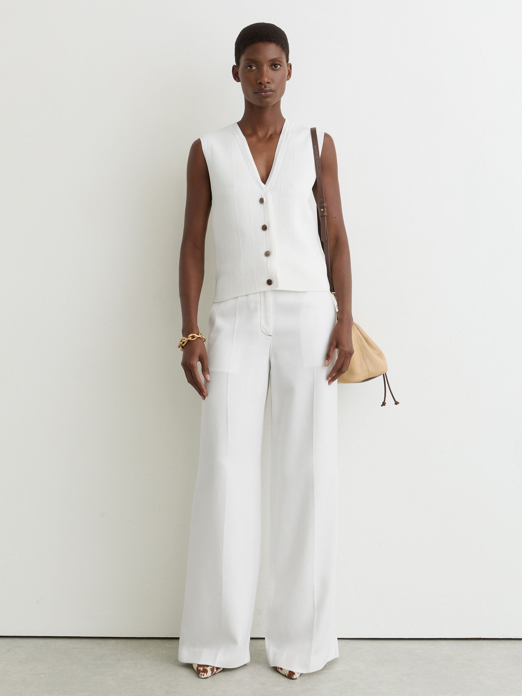 Buy Reiss White Ria Textured-Knit Button-Through Waistcoat from