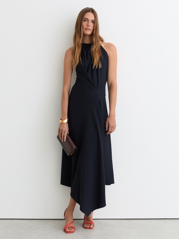 Reiss Navy Maeve Petite Drape-Detail Sleeveless Midi Dress - Image 1 of 7 Reiss Navy Maeve Petite Drape-Detail Sleeveless Midi Dress - Image 1 of 7