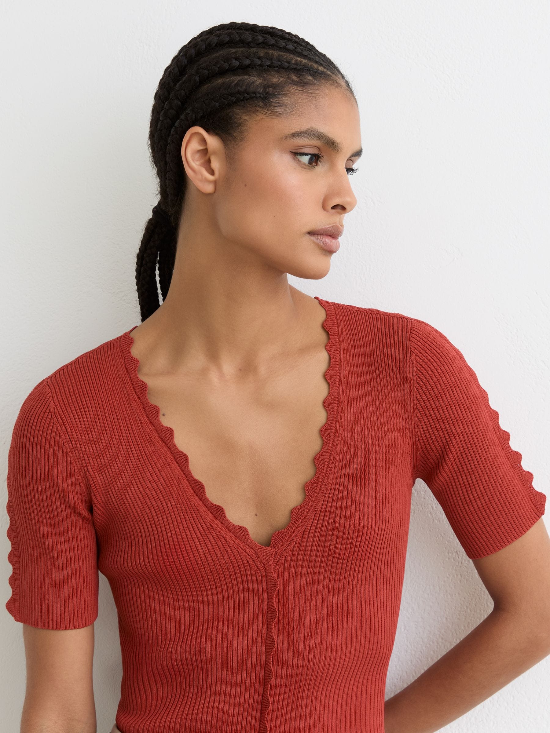 Buy Reiss Rust Red Marcy Scallop-Trim Rib-Knit Top from Next USA