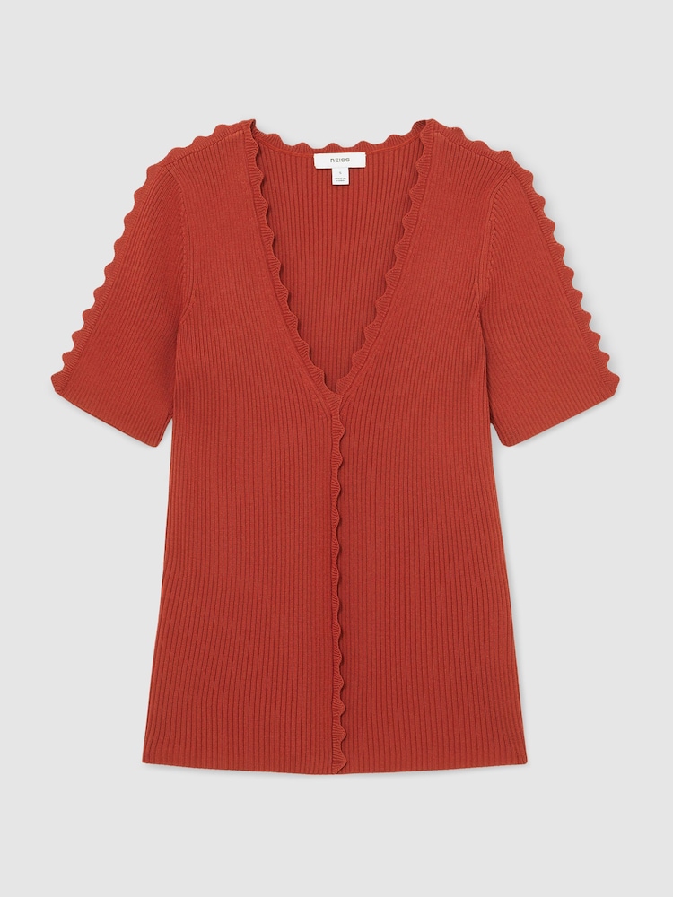 Ժանգագույն կարմիր - Reiss Marcy Scallop-Trim Rib-Knit Top - Պատկեր 2 7-ից
