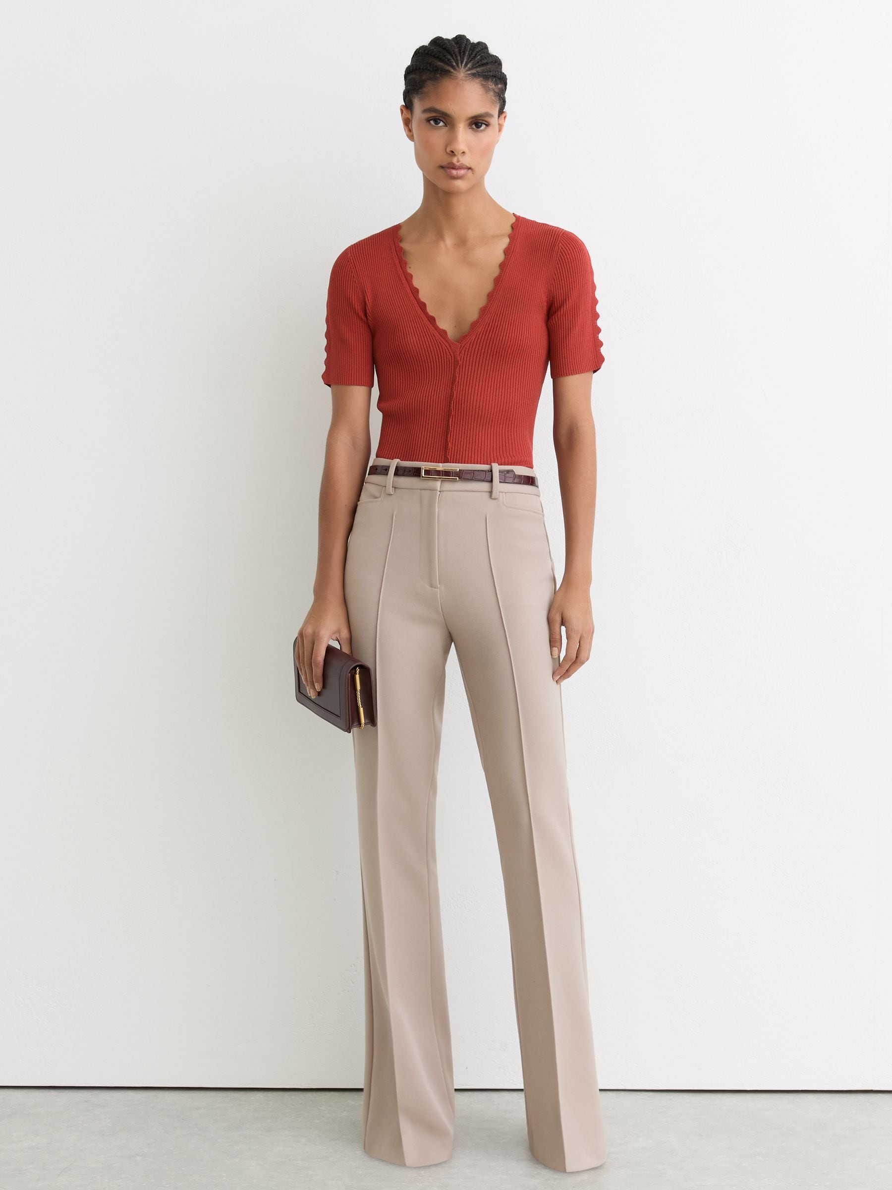 Buy Reiss Rust Red Marcy Scallop-Trim Rib-Knit Top from Next USA