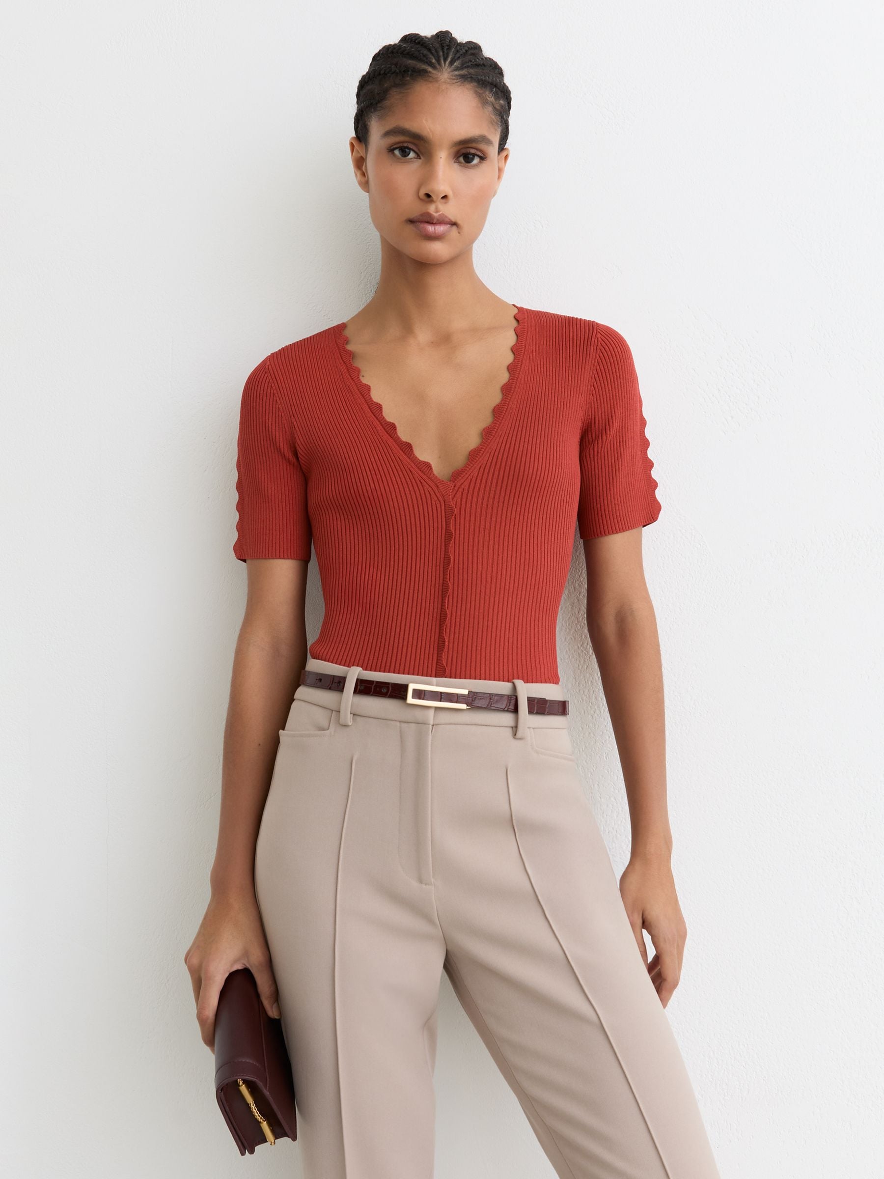 Buy Reiss Rust Red Marcy Scallop-Trim Rib-Knit Top from Next USA