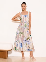 Lipsy Neutral Floral Stripe Belted Strappy Midi Dress - Image 1 of 4