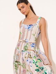 Lipsy Neutral Floral Stripe Belted Strappy Midi Dress - Image 4 of 4