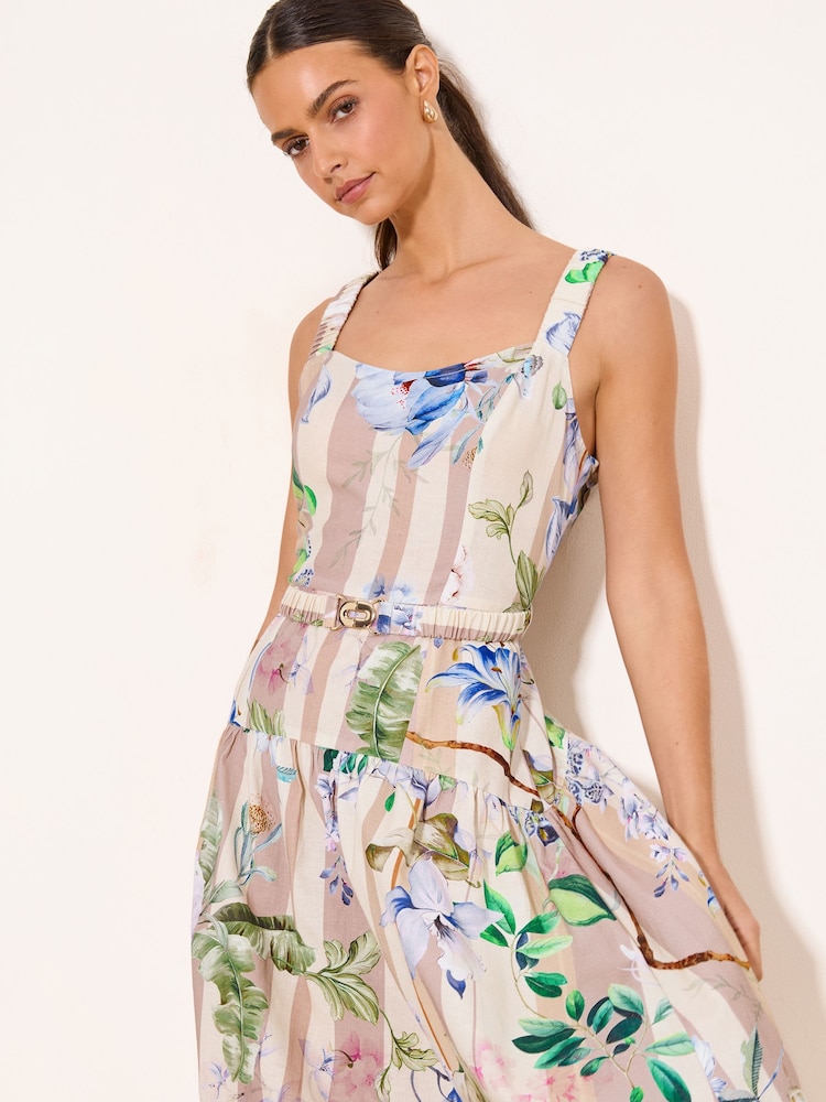 Lipsy Neutral Floral Stripe Belted Strappy Midi Dress - Image 4 of 4