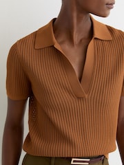 Reiss Rust Orange Pippa Open-Stitch Knitted Polo Top - Image 1 of 6