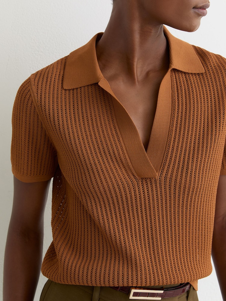 Reiss Rust Orange Pippa Open-Stitch Knitted Polo Top - Image 1 of 6