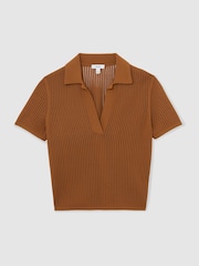 Reiss Rust Orange Pippa Open-Stitch Knitted Polo Top - Image 2 of 6