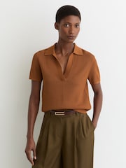 Reiss Rust Orange Pippa Open-Stitch Knitted Polo Top - Image 4 of 6