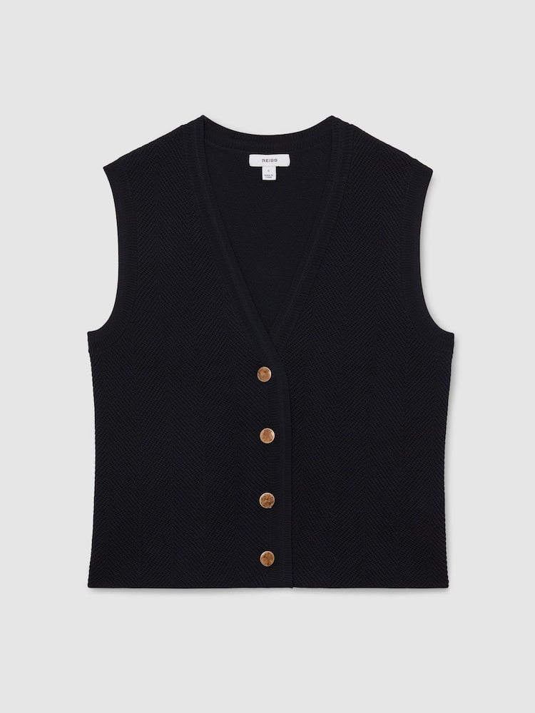 Reiss Navy Ria Textured-Knit Button-Through Waistcoat - Image 2 of 6 Reiss Navy Ria Textured-Knit Button-Through Waistcoat - Image 2 of 6