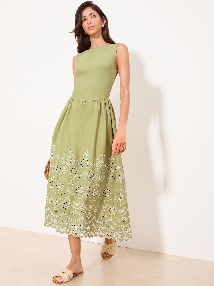 Lipsy Green Sleeveless Broderie Hybrid Midi Dress - Image 1 of 4 Lipsy Green Sleeveless Broderie Hybrid Midi Dress - Image 1 of 4