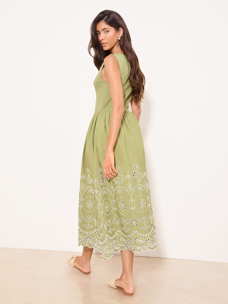 Lipsy Green Sleeveless Broderie Hybrid Midi Dress - Image 2 of 4 Lipsy Green Sleeveless Broderie Hybrid Midi Dress - Image 2 of 4