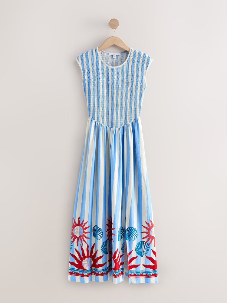 Blue/White Stripe with Border Print - Midikleid aus Jersey mit gerafftem Körper und Flügelärmel - Bild 1 von 3