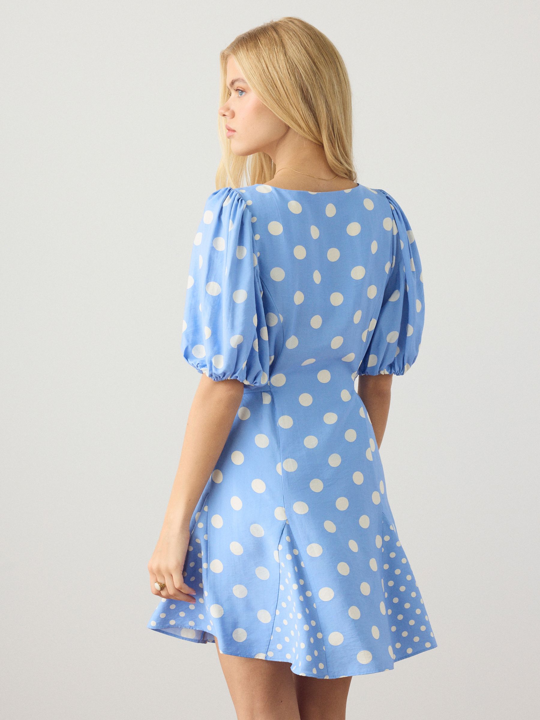 Buy Blue Polka Dot Puff Sleeve Button Through Mini Dress from Next