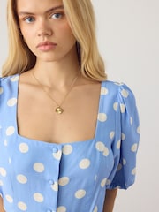 Blue Polka Dot Puff Sleeve Button Through Mini Dress - Image 4 of 7
