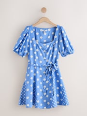 Blue Polka Dot Puff Sleeve Button Through Mini Dress - Image 5 of 7