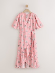 Pink Floral Stripe Scallop Sleeve Edge Wrap Midi Dress - Image 1 of 3
