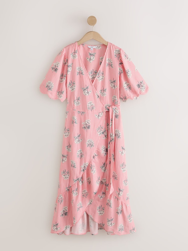 Pink Floral Stripe Scallop Sleeve Edge Wrap Midi Dress - Image 1 of 3 Pink Floral Stripe Scallop Sleeve Edge Wrap Midi Dress - Image 1 of 3