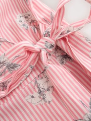 Pink Floral Stripe Scallop Sleeve Edge Wrap Midi Dress - Image 2 of 3