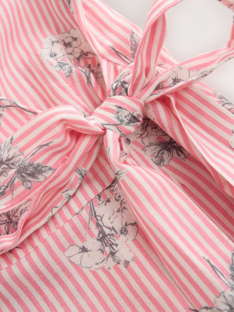 Pink Floral Stripe Scallop Sleeve Edge Wrap Midi Dress - Image 2 of 3 Pink Floral Stripe Scallop Sleeve Edge Wrap Midi Dress - Image 2 of 3