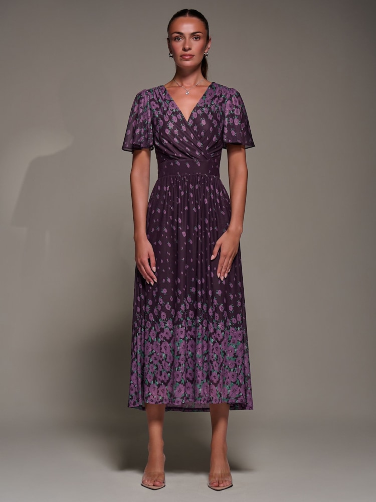 Jolie Moi Purple Mirrored Mesh Short Sleeve Midaxi Dress - Image 1 of 6