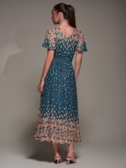 Jolie Moi Blue Mirrored Mesh Short Sleeve Midaxi Dress - Image 2 of 6