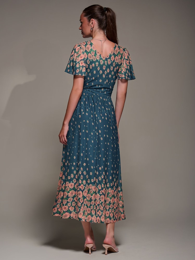 Jolie Moi Blue Mirrored Mesh Short Sleeve Midaxi Dress - Image 2 of 6