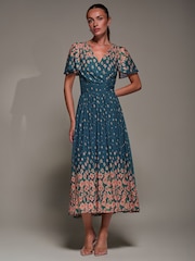 Jolie Moi Blue Mirrored Mesh Short Sleeve Midaxi Dress - Image 4 of 6