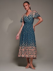 Jolie Moi Blue Mirrored Mesh Short Sleeve Midaxi Dress - Image 5 of 6