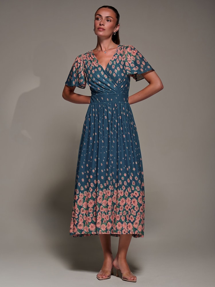 Jolie Moi Blue Mirrored Mesh Short Sleeve Midaxi Dress - Image 6 of 6